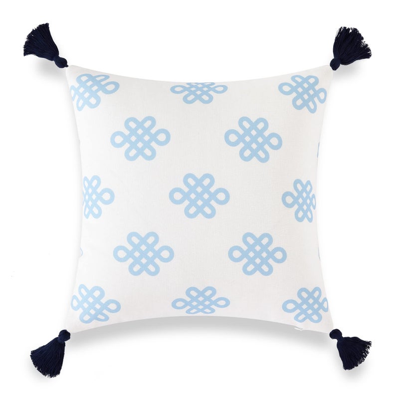 Hofdeco Coastal Patio Indoor Outdoor Lumbar Pillow Cover ONLY for Backyard Couch Sofa Baby Blue Greek Key Knot Tassel 18x18