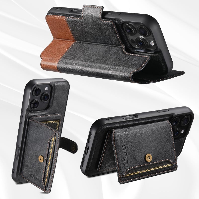Suteni For Iphone 13 Pro Max Q06S1 3-In-1 Splicing Detachable Wallet Magsafe Leather Phone Case(Black) - Image 3