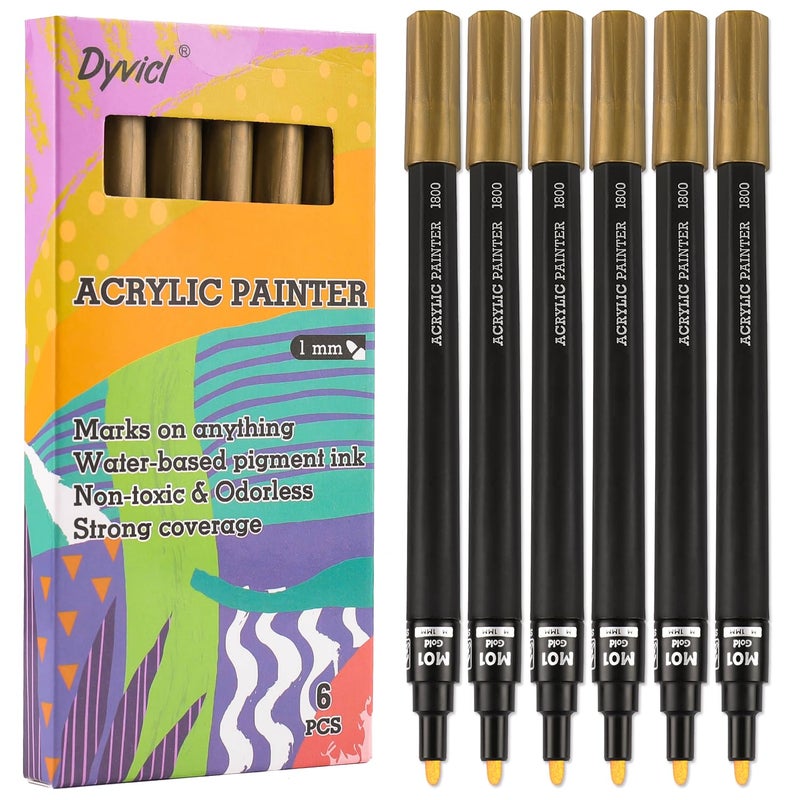 Dyvicl Metallic Gold Paint Pens Fine Point Acrylic Metallic Gold Paint Markers for Rock Painting Stone Ceramic Glass Wood Fabric Canvas Metal DIY Crafts Making 6 Pack