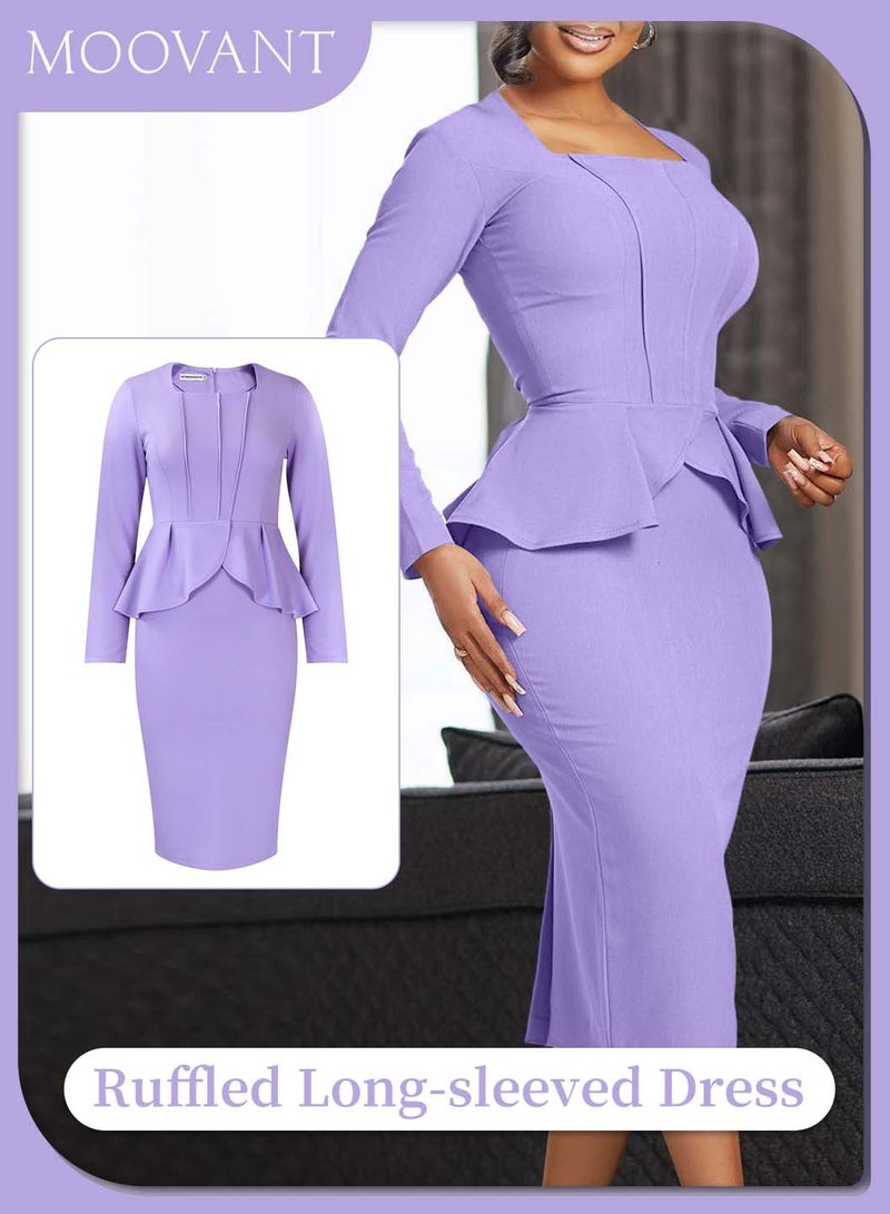 Moovant Women's Elegant Long Sleeve Dress, Fashion Soild Color Pencil Skirt, Ruffled Pleated Hips Wrap Design High Waist Plus Size Dress, Purple  - Image 1
