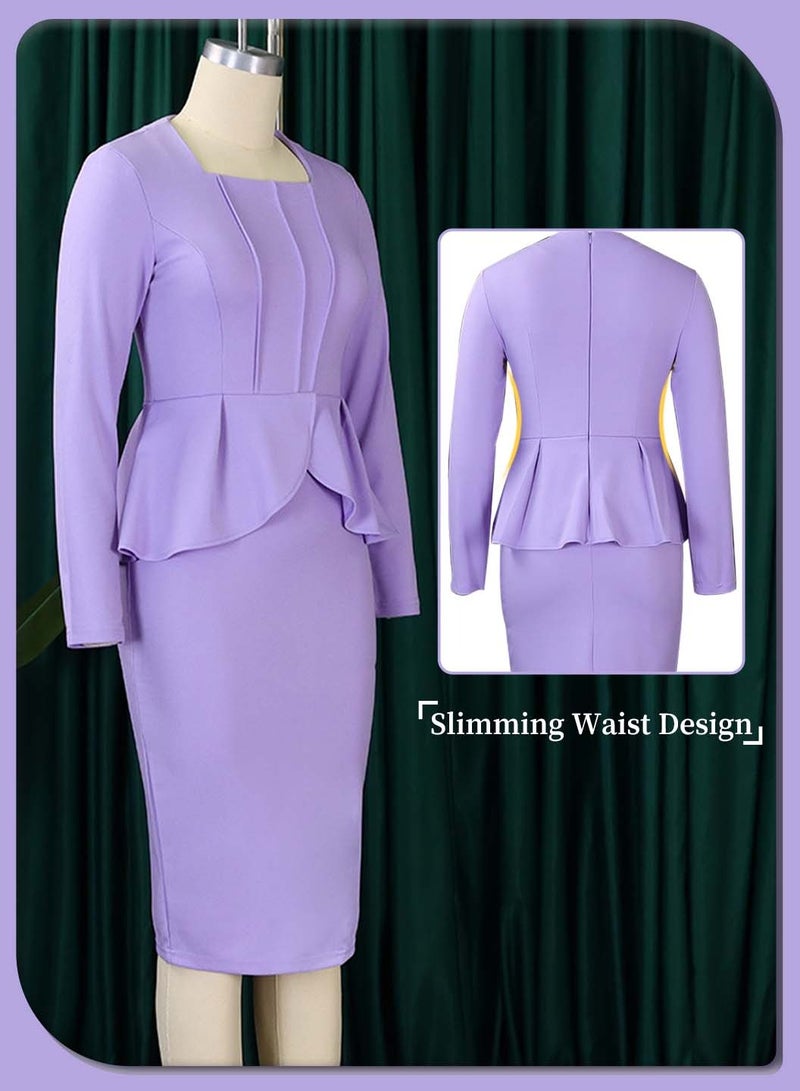 Moovant Women's Elegant Long Sleeve Dress, Fashion Soild Color Pencil Skirt, Ruffled Pleated Hips Wrap Design High Waist Plus Size Dress, Purple  - Image 3