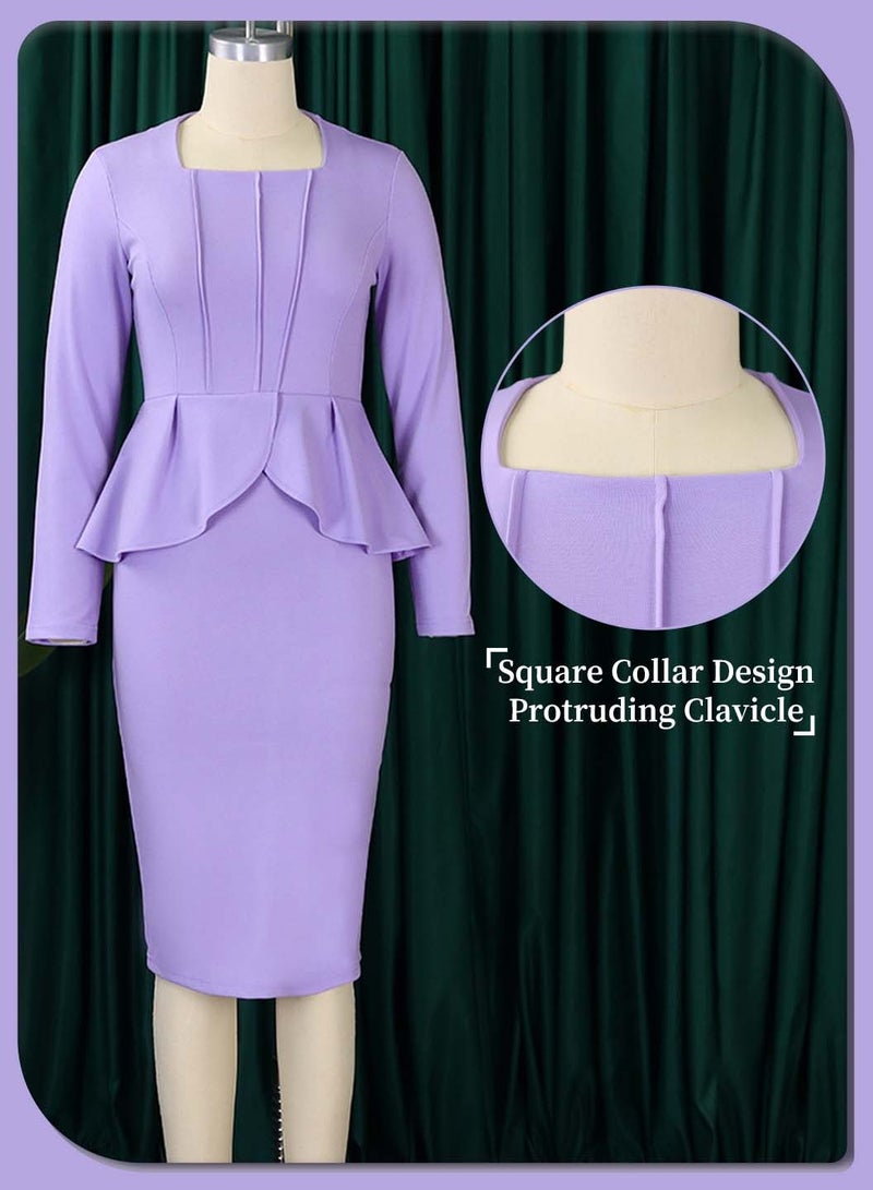 Moovant Women's Elegant Long Sleeve Dress, Fashion Soild Color Pencil Skirt, Ruffled Pleated Hips Wrap Design High Waist Plus Size Dress, Purple  - Image 4
