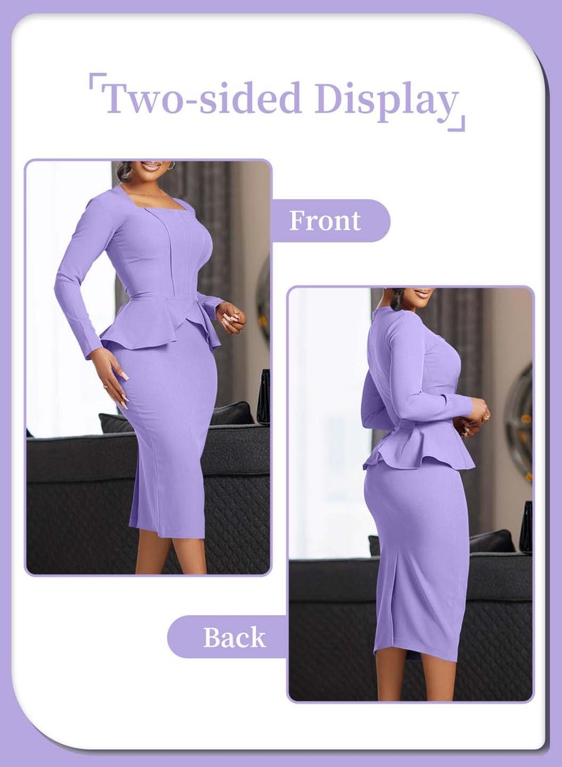 Moovant Women's Elegant Long Sleeve Dress, Fashion Soild Color Pencil Skirt, Ruffled Pleated Hips Wrap Design High Waist Plus Size Dress, Purple  - Image 5