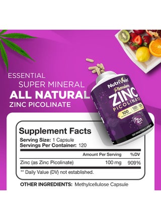 Nutrivein Premium Zinc Picolinate 100mg - 120 Capsules - Immunity Defense Boosts Immune System & Cellular Regeneration - Maximum Strength Bioavailable Supplement - Essential Elements for Absorption - pzsku/Z5977E392B50A95DBB92DZ/45/_/1739882221/0129a8a9-725a-49a9-974d-0753c24c2618