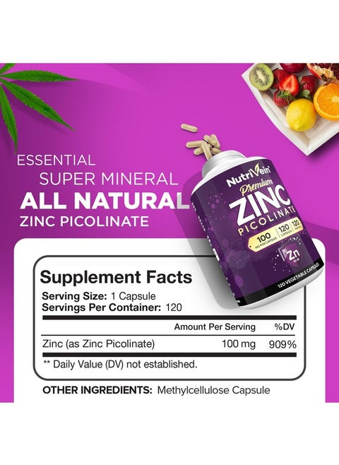 Nutrivein Premium Zinc Picolinate 100mg - 120 Capsules - Immunity Defense Boosts Immune System & Cellular Regeneration - Maximum Strength Bioavailable Supplement - Essential Elements for Absorption