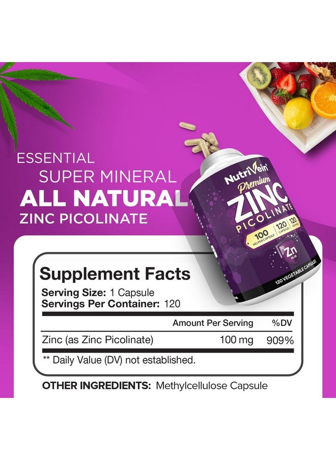 Nutrivein - Nutrivein Premium Zinc Picolinate 100mg - 120 Capsules - Immunity Defense Boosts Immune System & Cellular Regeneration - Maximum Strength Bioavailable Supplement - Essential Elements for Absorption - Image 1