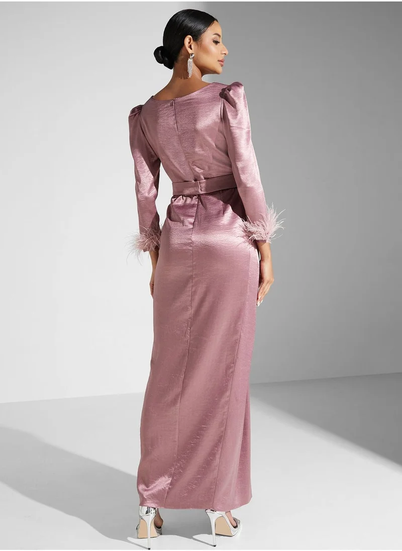 Akadia Fashion Surplice Neck Puff Sleeve Dress