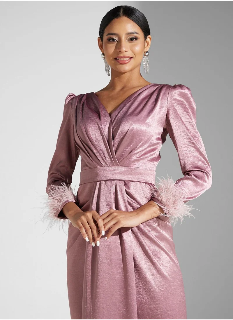 Akadia Fashion Surplice Neck Puff Sleeve Dress