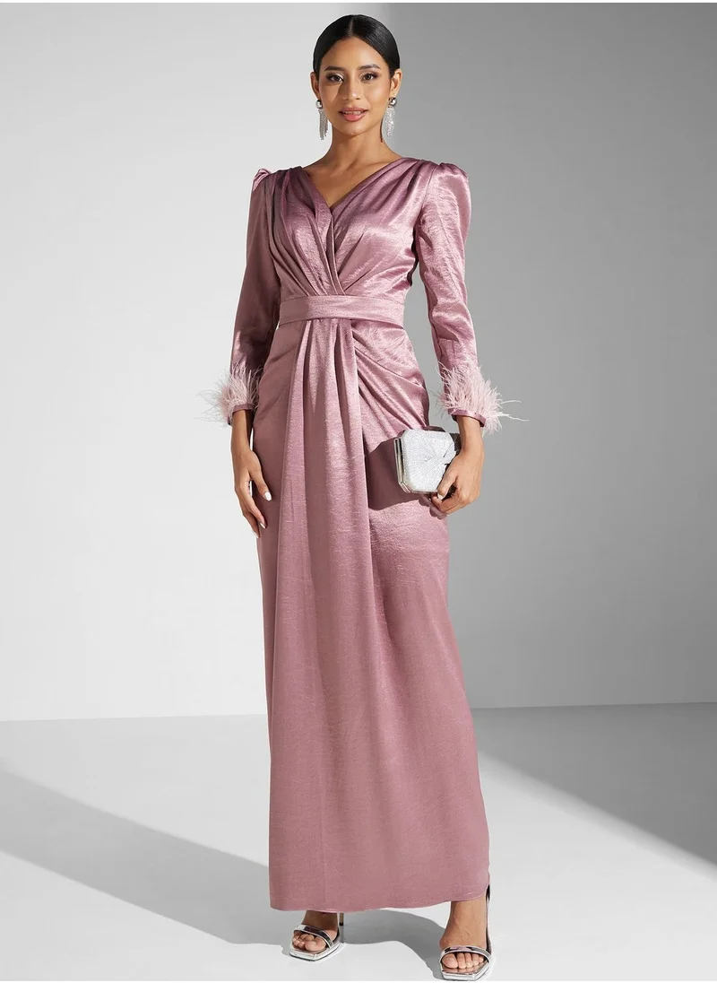Akadia Fashion Surplice Neck Puff Sleeve Dress
