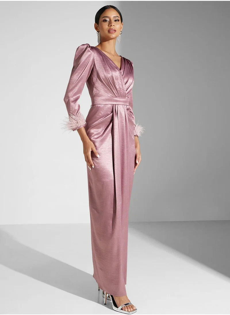 Akadia Fashion Surplice Neck Puff Sleeve Dress