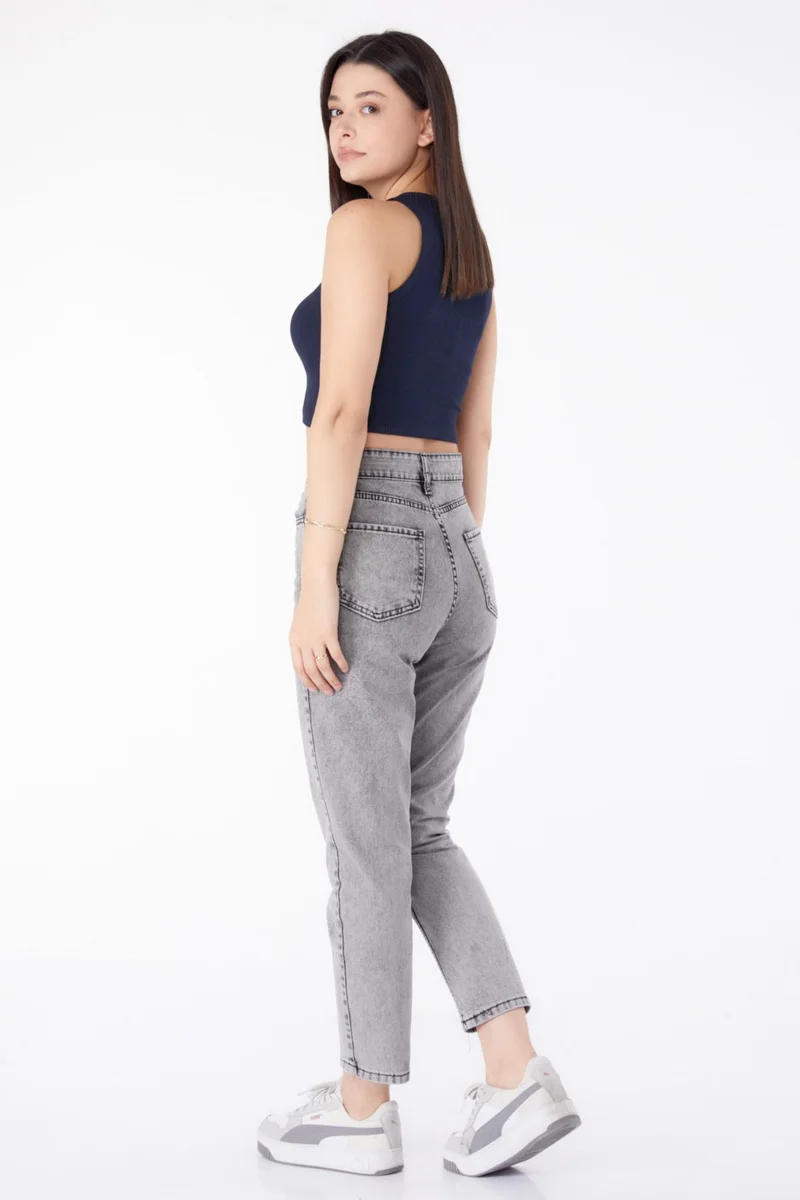 Tofisa Plain Mid Women's Gray Jeans High Waist Mom Jeans - 25177