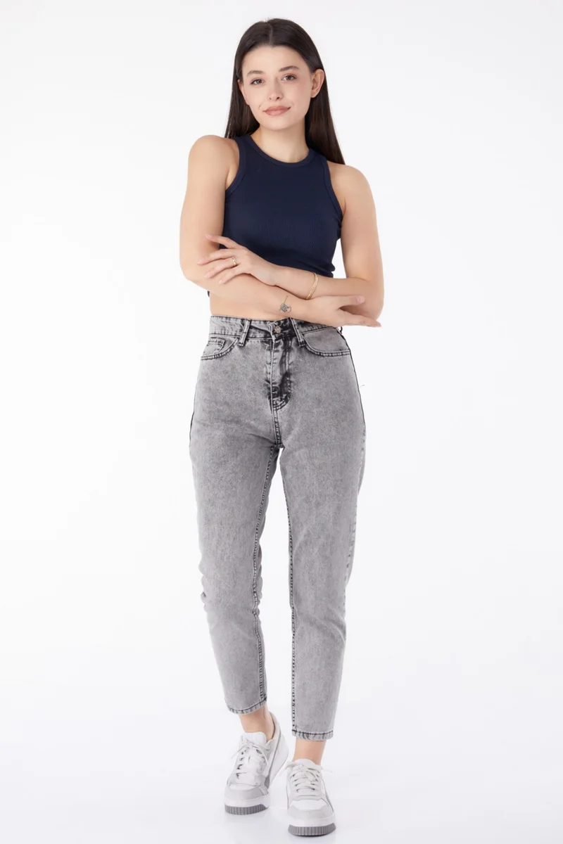 Tofisa Plain Mid Women's Gray Jeans High Waist Mom Jeans - 25177