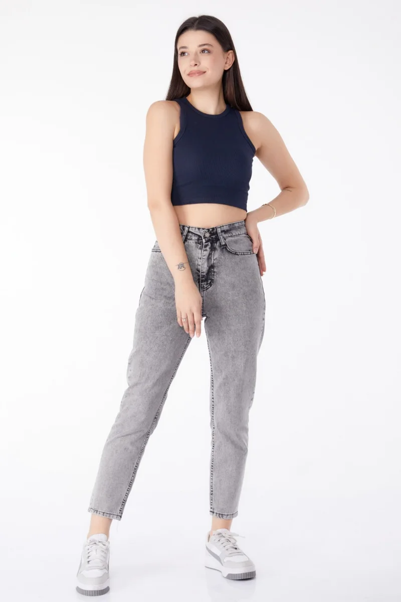 Tofisa Plain Mid Women's Gray Jeans High Waist Mom Jeans - 25177