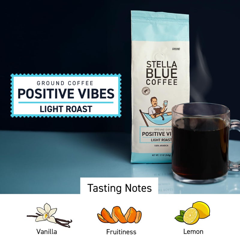 Stella Blue Ground Coffee, Positive Vibes Blend, Light Roast, Vanilla and Fruity Notes, 100% Arabica, Ethically Sourced from Central and South America, 12 oz bag - Image 2