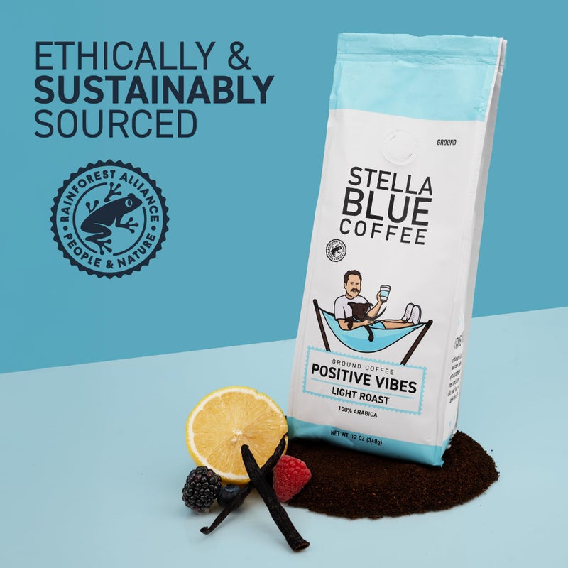 Stella Blue Ground Coffee, Positive Vibes Blend, Light Roast, Vanilla and Fruity Notes, 100% Arabica, Ethically Sourced from Central and South America, 12 oz bag - Image 3