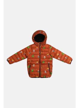 Kids Boy All Over Print Hooded Puffer Jackets, Rust Brown Combo