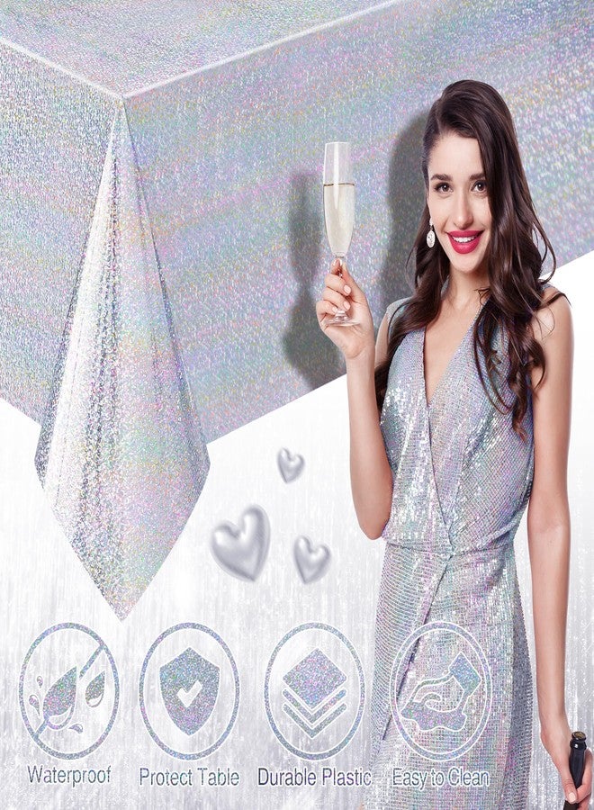 Just Shimmer 2 Pcs Silver Holographic Foil Tablecloths - 54x108 Durable Table Cover with a Magical Shimmer, Simplistic Luxury for Parties, Weddings, and Showers, Add a Sparkling Touch to Your Special Events - Image 3