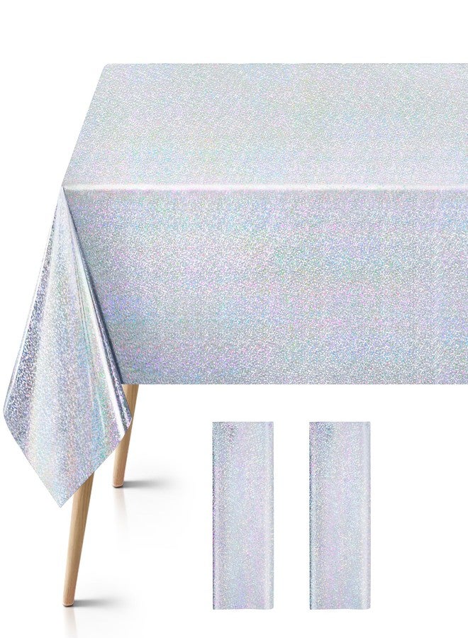 Just Shimmer 2 Pcs Silver Holographic Foil Tablecloths - 54x108 Durable Table Cover with a Magical Shimmer, Simplistic Luxury for Parties, Weddings, and Showers, Add a Sparkling Touch to Your Special Events - Image 1
