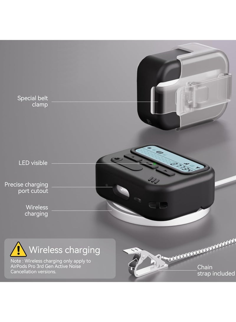 جراب AirPods Pro 3 بتصميم كلاسيكي على شكل جهاز النداء، مزود بقفل أمان وحلقة مفاتيح، ومشبك حزام على شكل جهاز النداء، وقلم تنظيف، وغطاء حماية صلب من البولي كربونات بتصميم كلاسيكي، وغطاء مزدوج الطبقات مقاوم للصدمات، باللون الأسود. - Image 3