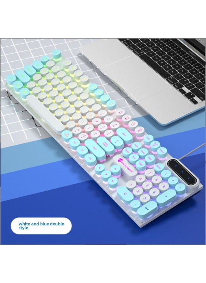 Panson PK100 Punk E-sports Keyboard Game Office Wired Peripherals Retro Round Multi-color Computer USB Keyboard-Color:Pink White Double Ice Blue Light