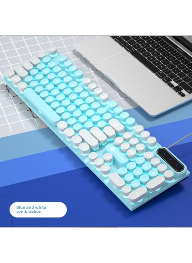 Panson PK100 Punk E-sports Keyboard Game Office Wired Peripherals Retro Round Multi-color Computer USB Keyboard-Color:Pink White Double Ice Blue Light