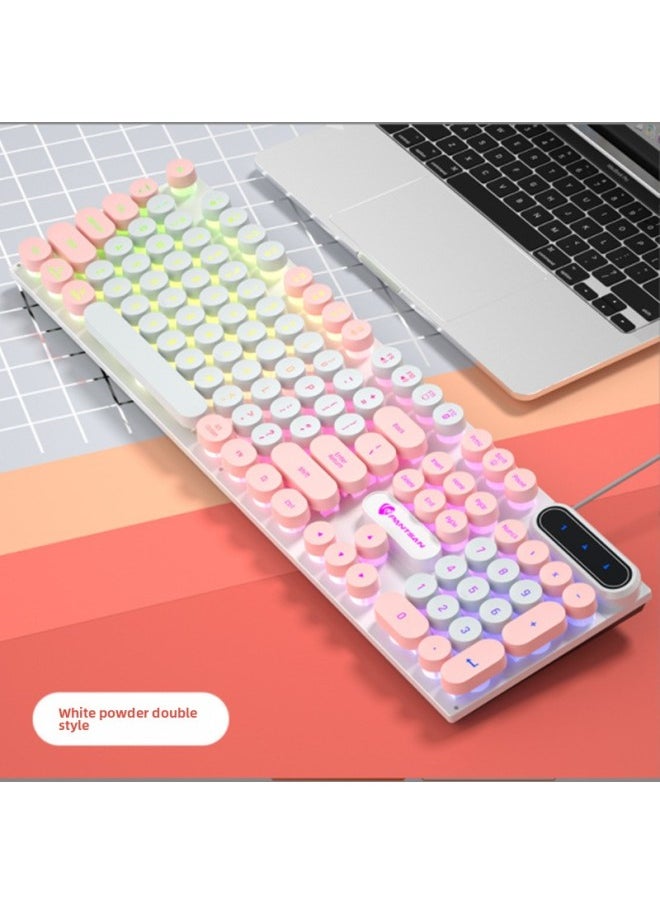 Panson PK100 Punk E-sports Keyboard Game Office Wired Peripherals Retro Round Multi-color Computer USB Keyboard-Color:Pink White Double Ice Blue Light