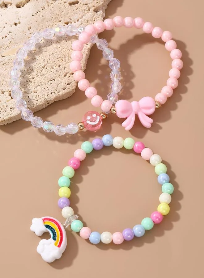 Take Two  Pack of 3 - Girls Multi-Color Rainbow and Smiley Charms Beaded Bracelets for Women | Best Price UAE