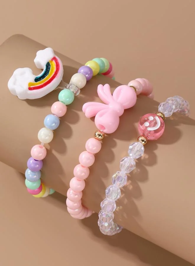 Pack of 3 - Girls Multi-Color Rainbow and Smiley Charms Beaded Bracelets