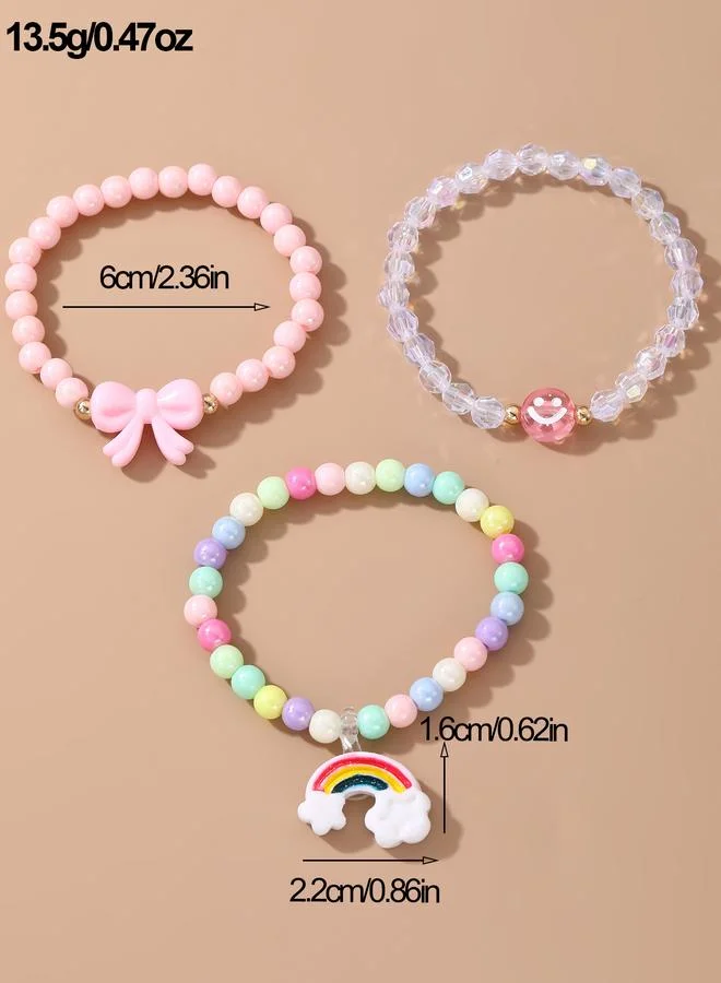 Take Two  Pack of 3 - Girls Multi-Color Rainbow and Smiley Charms Beaded Bracelets for Women | Best Price UAE