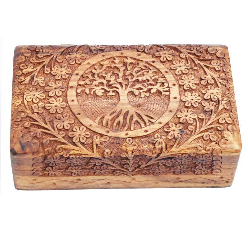 CRAFTCASTLE Handmade Wooden Jewellery Box for Women | Wood Jewel Organiser Hand Carved with Tree Carvings Gift Items for Jewellery Organiser etc (8 x 5 Inch) - Image 1
