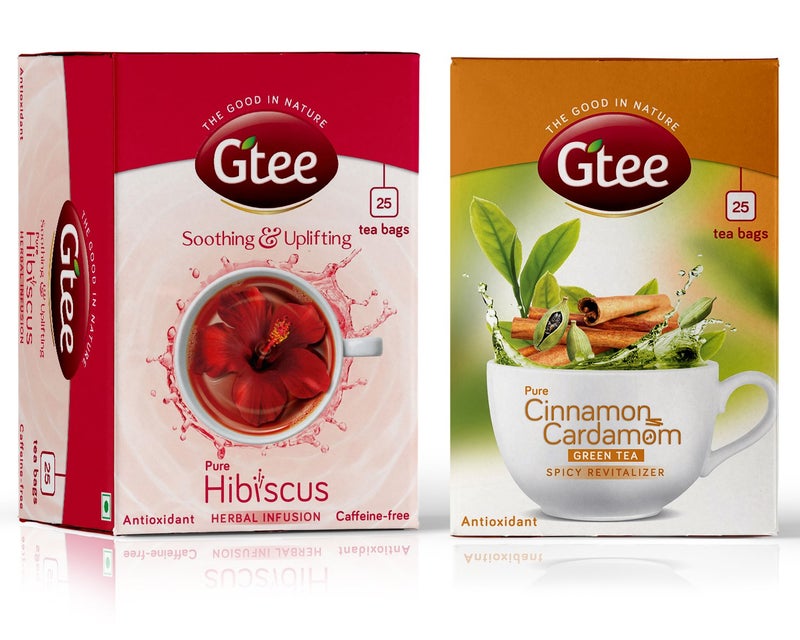 GTEE Hibiscus Tea Bags & Green Tea Bags - Cinnamon & Cardamom, 25 Tea Bags (Pack of 2) - Image 1