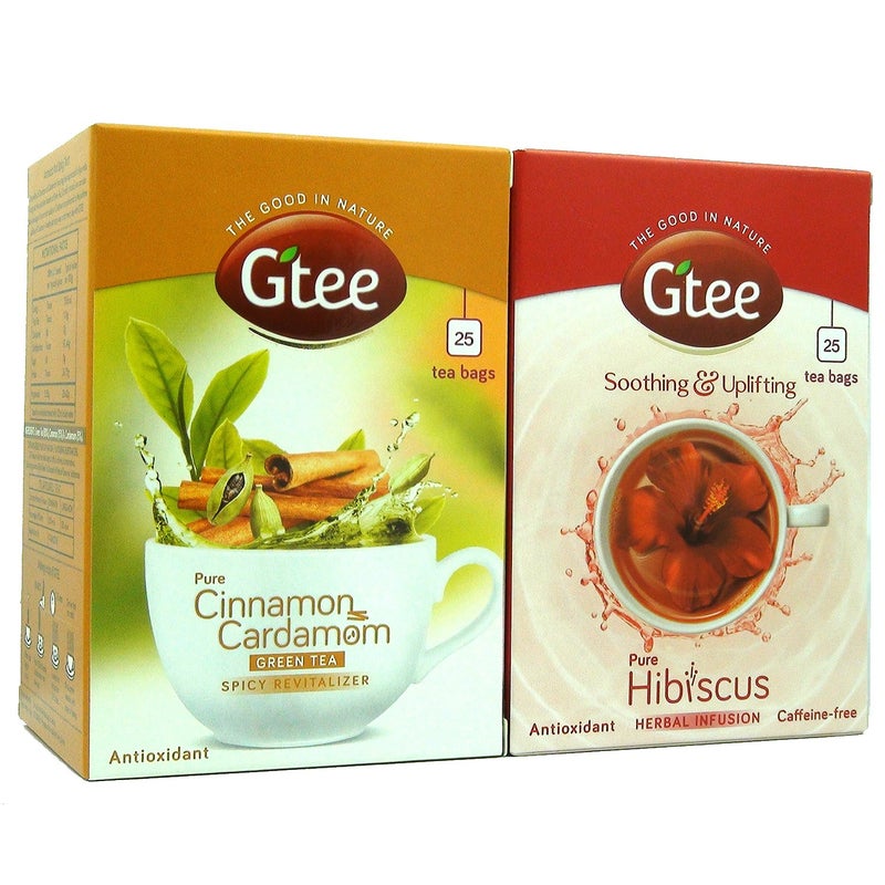 GTEE Hibiscus Tea Bags & Green Tea Bags - Cinnamon & Cardamom, 25 Tea Bags (Pack of 2) - Image 2