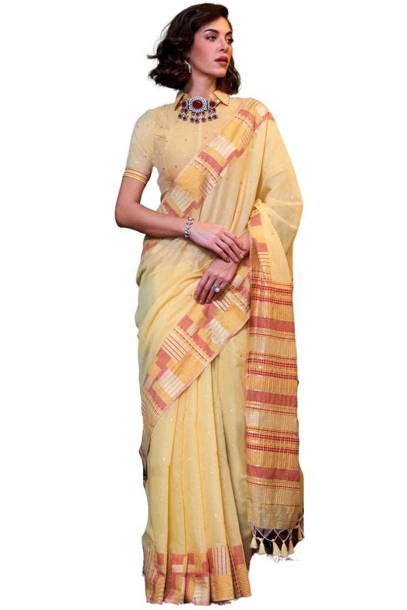 SGF11 Women's Soft Cotton Linen Silk Designer Saree With Unstitched Blouse Piece (Yellow) - Image 5