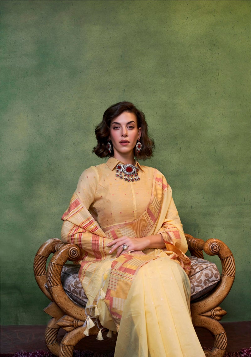 SGF11 Women's Soft Cotton Linen Silk Designer Saree With Unstitched Blouse Piece (Yellow) - Image 3