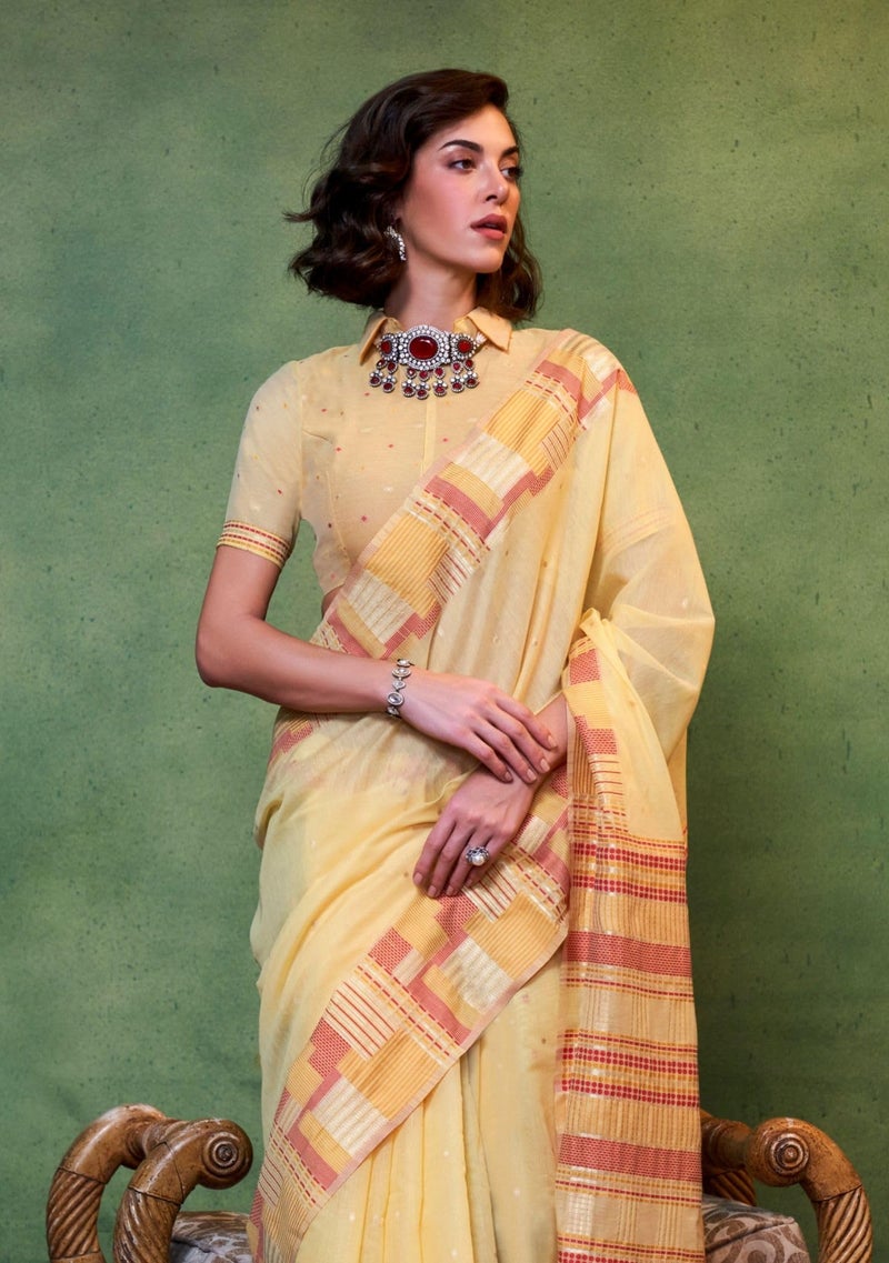 SGF11 Women's Soft Cotton Linen Silk Designer Saree With Unstitched Blouse Piece (Yellow) - Image 4