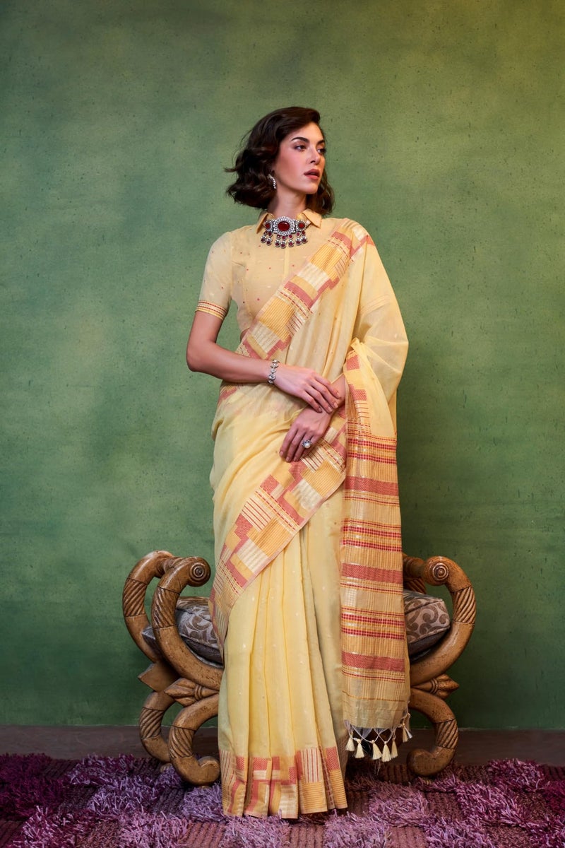 SGF11 Women's Soft Cotton Linen Silk Designer Saree With Unstitched Blouse Piece (Yellow) - Image 2