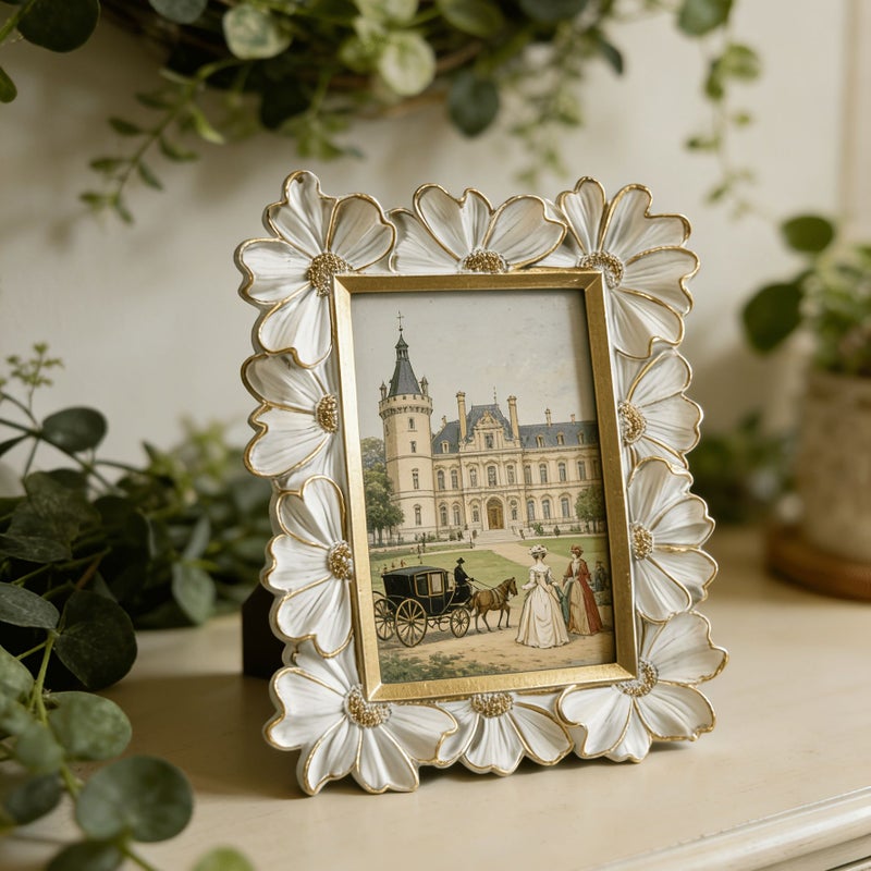 Long White Golden Petal Resin 3D Photo Frame Rectangular Home Decor Display - Image 1