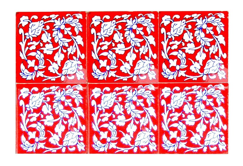 Shiv Kripa Blue Pottery Shiv Kripa Blue Pottery Home Decor Ceramic Handmade Tiles Interior Exterior Tabletop Flooring Wall 3 x 3 Inch Pack of 6 Tiles Red White 