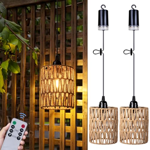 ALL FORTUNE Battery Operated Chandelier, Battery Hanging Pendant Light, Rattan Lights with Warm White Bulb, 4*AA Battery Powered, for Gazebo Pergola Porch Patio Outdoor Indoor Decor (2) - Image 1