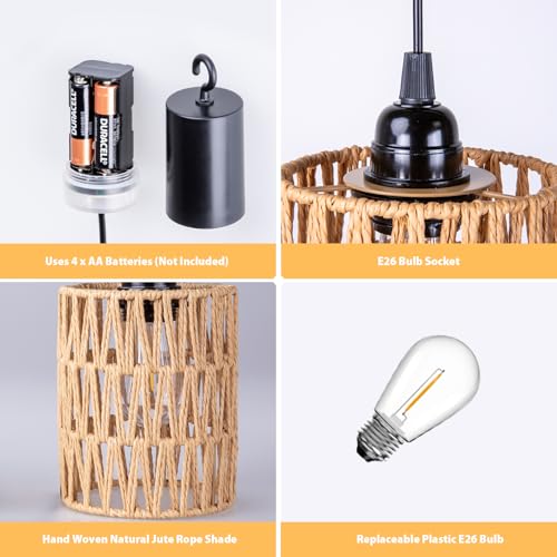ALL FORTUNE Battery Operated Chandelier, Battery Hanging Pendant Light, Rattan Lights with Warm White Bulb, 4*AA Battery Powered, for Gazebo Pergola Porch Patio Outdoor Indoor Decor (2) - Image 4