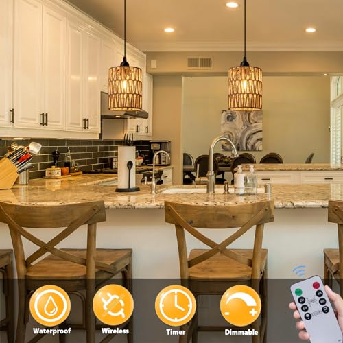 ALL FORTUNE Battery Operated Chandelier, Battery Hanging Pendant Light, Rattan Lights with Warm White Bulb, 4*AA Battery Powered, for Gazebo Pergola Porch Patio Outdoor Indoor Decor (2) - Image 2