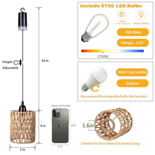 ALL FORTUNE Battery Operated Chandelier, Battery Hanging Pendant Light, Rattan Lights with Warm White Bulb, 4*AA Battery Powered, for Gazebo Pergola Porch Patio Outdoor Indoor Decor (2) - Image 3