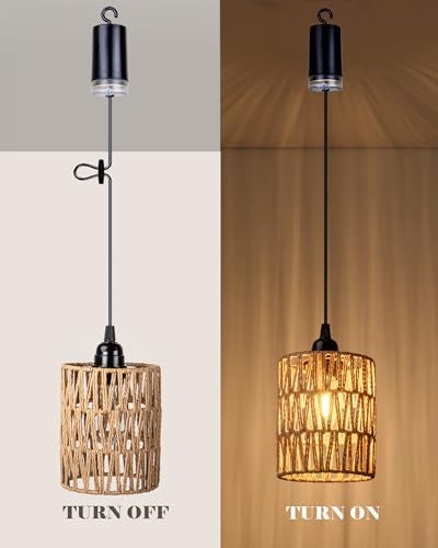 ALL FORTUNE Battery Operated Chandelier, Battery Hanging Pendant Light, Rattan Lights with Warm White Bulb, 4*AA Battery Powered, for Gazebo Pergola Porch Patio Outdoor Indoor Decor (2) - Image 5