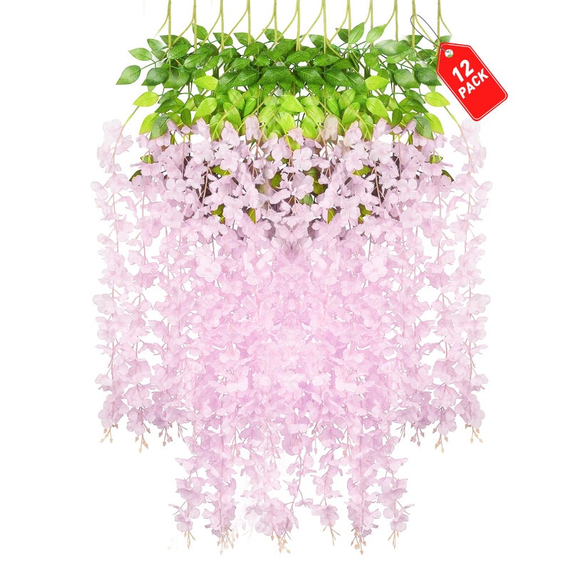ZEBMOON 24 Pack Dark Pink Wisteria Hanging Flowers, 3.4 Ft Fake Hanging Flowers, Artificial Wisteria Garland Vines for Wedding Room Backdrop Outdoor Patio Garden Decoration - Image 1