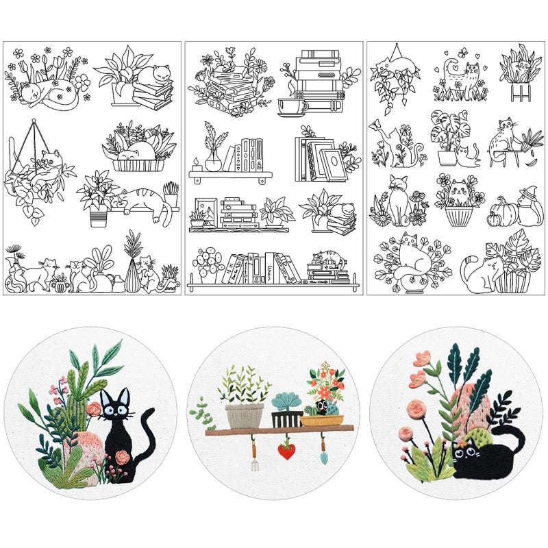 CRASHOT Water Soluble Stabilizer Embroidery Paper - Stick and Stitch Embroidery Paper Wash Away, 3 Sheet Embroidery Patterns, Potted Plant, Flower Book Cat Design, Hand Sewing Crafts - Image 1