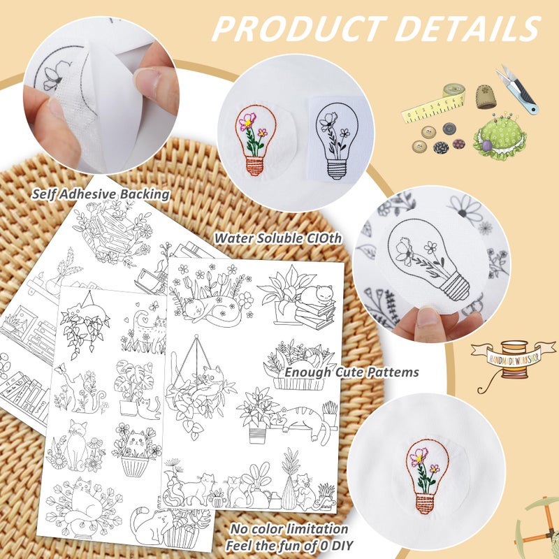 CRASHOT Water Soluble Stabilizer Embroidery Paper - Stick and Stitch Embroidery Paper Wash Away, 3 Sheet Embroidery Patterns, Potted Plant, Flower Book Cat Design, Hand Sewing Crafts - Image 4