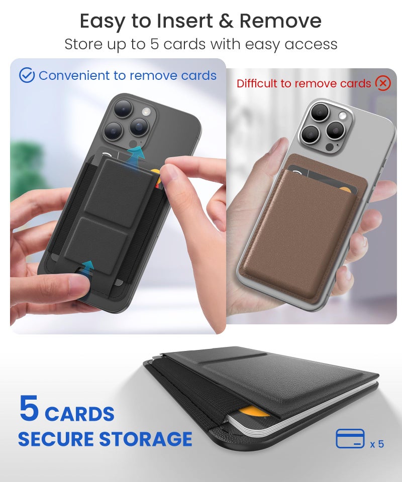 GONEZ for MagSafe Wallet with Stand, Stronger Magnetic Card Holder for iPhone 16/15/14/13/12 Series, Premium Leather Phone Wallet with RFID Blocking, 1 Slot, Fit 5 Cards, Black - Image 4