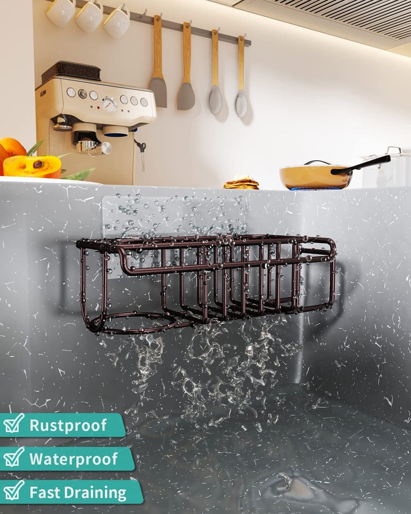 HapiRm HapiRm 4 in 1 Adhesive Kitchen Sink Organizer  SUS304 Stainless Steel Brush Holder + Dish Cloth Hanger + Soap Rack + Sink Stopper Holder  No Drilling Sponge Holder for Kitchen Sink - Bronze - Image 2