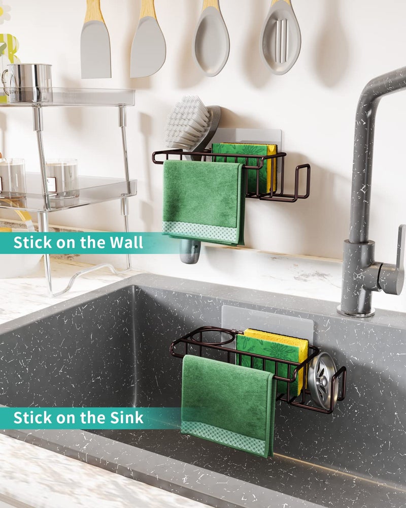 HapiRm HapiRm 4 in 1 Adhesive Kitchen Sink Organizer  SUS304 Stainless Steel Brush Holder + Dish Cloth Hanger + Soap Rack + Sink Stopper Holder  No Drilling Sponge Holder for Kitchen Sink - Bronze - Image 4