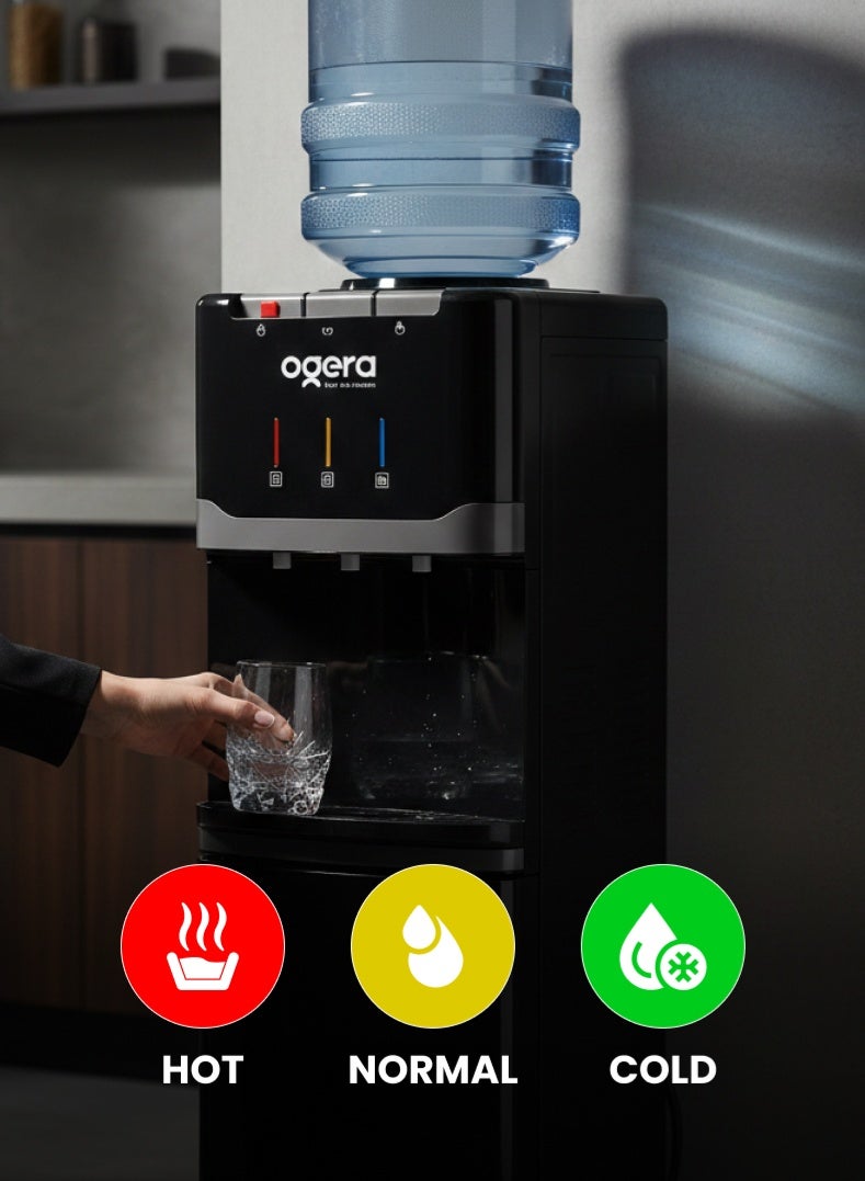 أوجيرا موزع مياه بتصميم تحميل علوي | 3 خيارات للحرارة: ساخن، بارد وعادي | نظام تبريد بالضاغط R134a | خزان مياه من الفولاذ المقاوم للصدأ | قفل أمان للأطفال | سعة تسخين 5 لتر وتبريد 2 لتر | قدرة 640 واط | ضمان سنتين | OG1701WD | أسود - Image 3